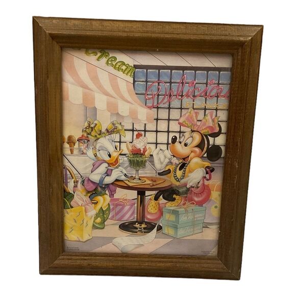 Vintage 1980s Disney Minnie Mouse & Daisy Duck Ice Cream Framed 12x10” - Picture 1 of 12